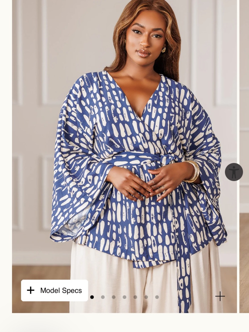 Monet Navy and White Abstract Print Wrap Blouse with Tie